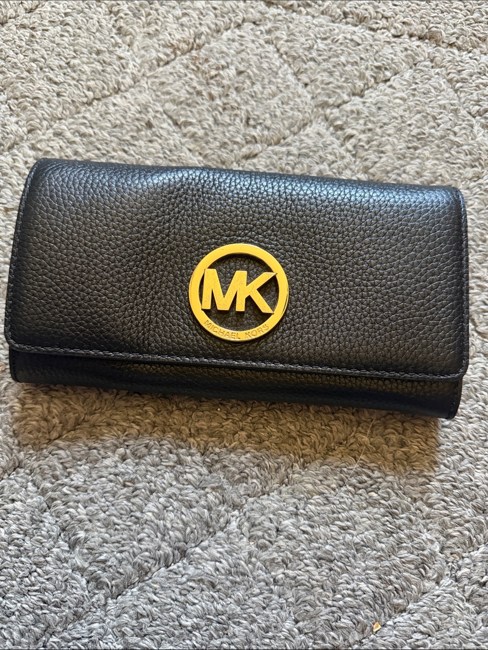 Michael Kors Black Pebbled Leather Wallet with Gold MK Emblem